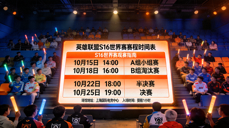 英雄联盟S16世界赛观赛指南配图，赛场主舞台灯光与赛程时间表大屏幕